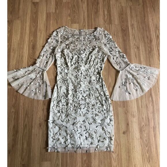 THEIA Hand-Beaded & Petal Applique 3/4 Bell-Sleeve Dress Women’s SIZE 4 - Picture 6 of 14
